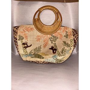 Embroidered Woven Hobo Bag with Bamboo Handle